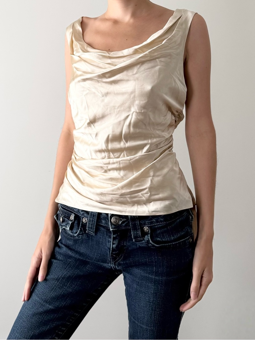 Reformation Champagne 100% Silk Cowl Neck Ruched Blouse